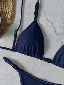 Bộ bikini thanh lịch dành cho nữ với dây đeo mảnh, thiết kế buộc thắt nút tạo vẻ ngoài thời trang và quyến rũ cho kỳ nghỉ hè trên bãi biển. - Màu xanh hải quân - Xem 5