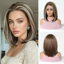 13*4 Lace Front Wigs Shoulder Length Short Straight Bob Wig For Women, Ombre Chestnut Brown With Platinum Blonde Highlights Synthetic Wig, Natural Looking Heat Resistant Wig For Daily Party 12 Inch - Blonde Highlight - View 13