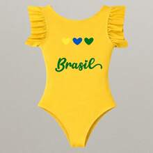 Brazilian Girl's World Cup Fan Bodysuit, Mini Diva Look, Brazil On The Road To The Hexa (Brazil's Sixth World Cup Title), Patriotic Children's Clothing, Fashion Style, Girl's - 黃巴西 - 查看 3