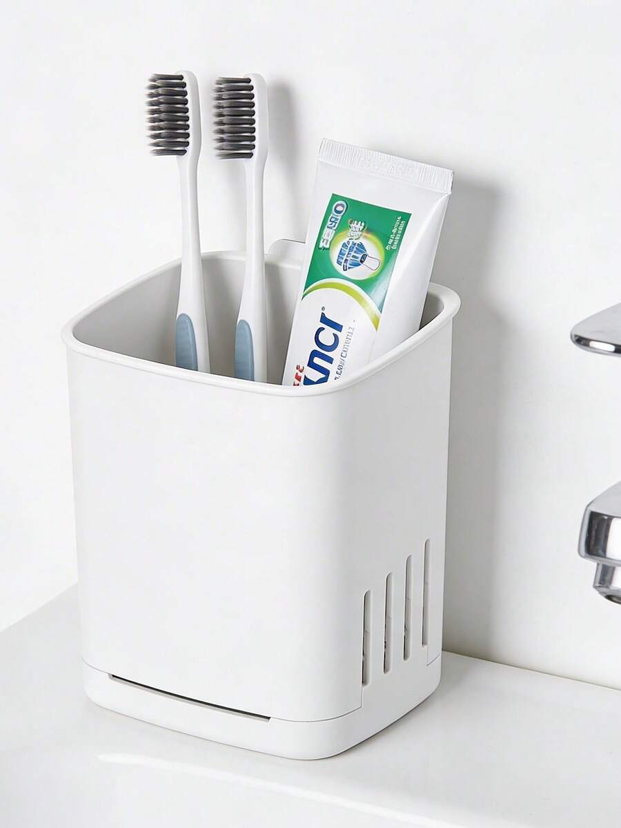1pc Wall Mounted Toothbrush Holders,Removable Drill-Free Wall Shower Holder For Toothbrush,Toothpaste, Razor, Self-Draining Self Adhesive Cup In Shower, Kitchen Tableware Organizer(White) - White - View 1