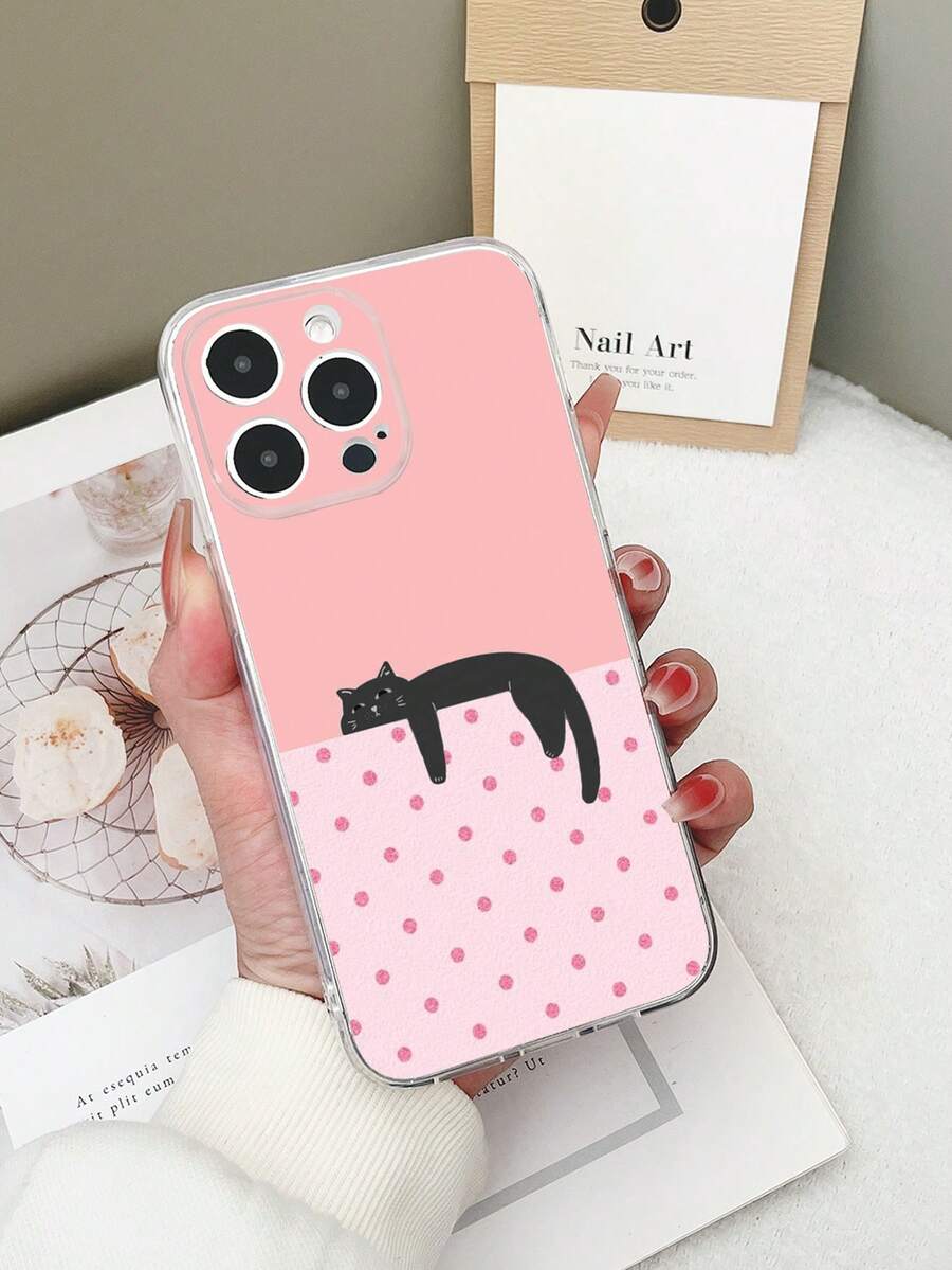 1pc Transparent TPU Shockproof Colorful Polka Dot Black Cat Pattern Phone Case Compatible With Samsung Android Galaxy S23 Ultra/A14/A24, Android Note 12 Pro, Pixel 8/8 Pro/9 Pro XL Android Phones - Multicolor - View 1