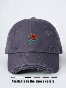 1pc Embroidered Rose Hole Distressed Baseball Cap, Adjustable Outdoor Sun Hat For Spring Autumn Travel Beach Vacation, Y2K Style For Youth Valentine's Day Valentines,Summer - Embroidery - View 5