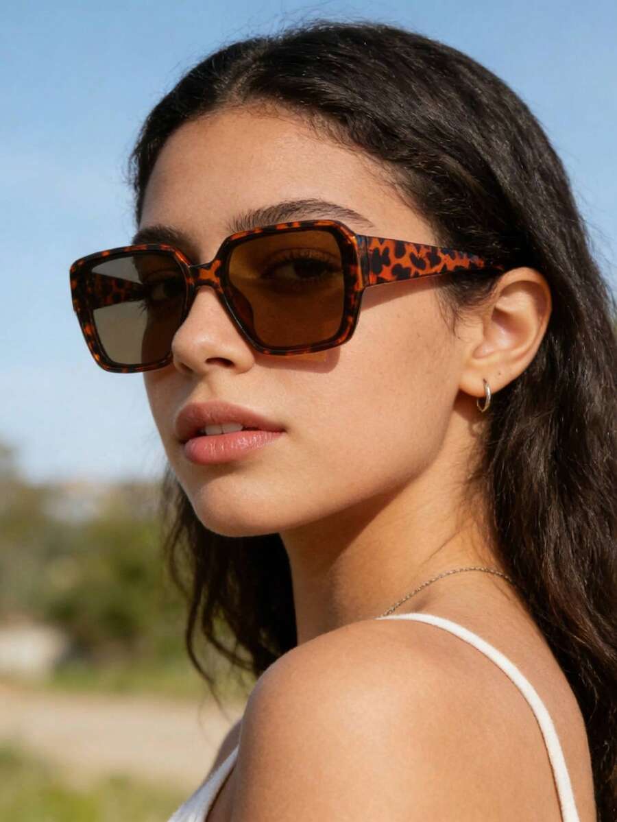 1 pieza Gafas de moda para mujer, diseño de marco cuadrado retro casual, estilo callejero retro de los 90, perfectas para vacaciones, fiestas y salidas diarias con estuche - Multicolor - Ver 1