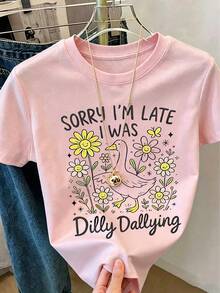 [Cotton T-Shirt] Tweed Girl Girls' Clothing - Casual Printed Pullover Crew Neck T-Shirt - Spring, Summer, And Autumn Student Young Children's Short-Sleeve Top - Perfect For Play And Casual Outings, This Fun And Colorful T-Shirt Will Inspire Every Child's Imagination. A Great Clothing Gift For Children. - 粉色 - 查看 1