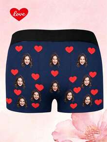 Men's Customized Face Print Red Heart Pattern Black Soft Comfortable Lightweight Breathable Fun Novel Personalized Men's Boxer Briefs, Perfect Choice For Wedding - Multicolor - View 3