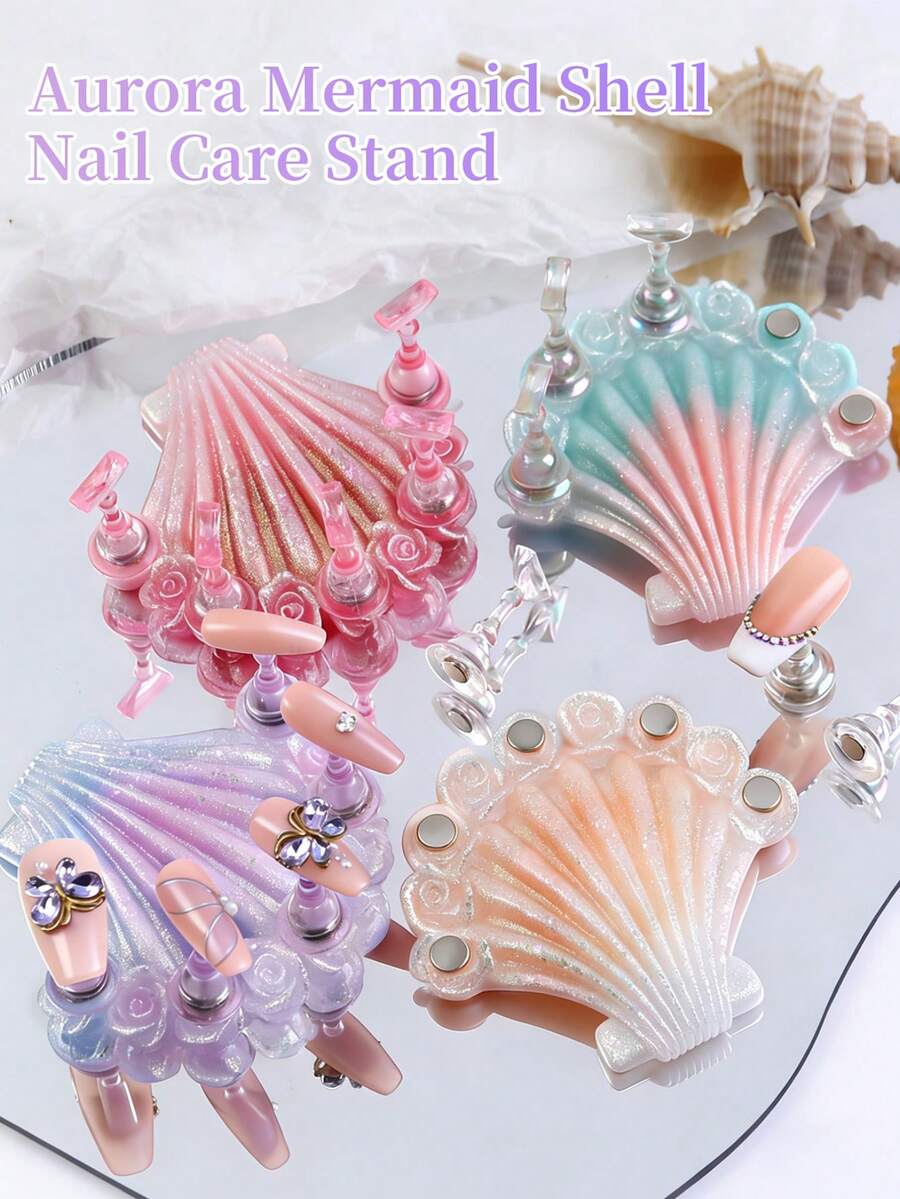 1Pc Aurora Mermaid Shell Nail Holder, Magnetic Nail Practice Stand With 5Pcs Chess Nail Tips Holders, Reusable False Nail Training Base, Manicure Display Tool For Beginners, Nail Salon Home DIY Nail Art Accessories - Multicolor - View 1