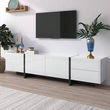 Meuble TV bas à pieds en blocs blancs et noirs brillants, avec portes et tiroirs, portes avec étagères. Design linéaire et épuré. - Blanc - Voir 2