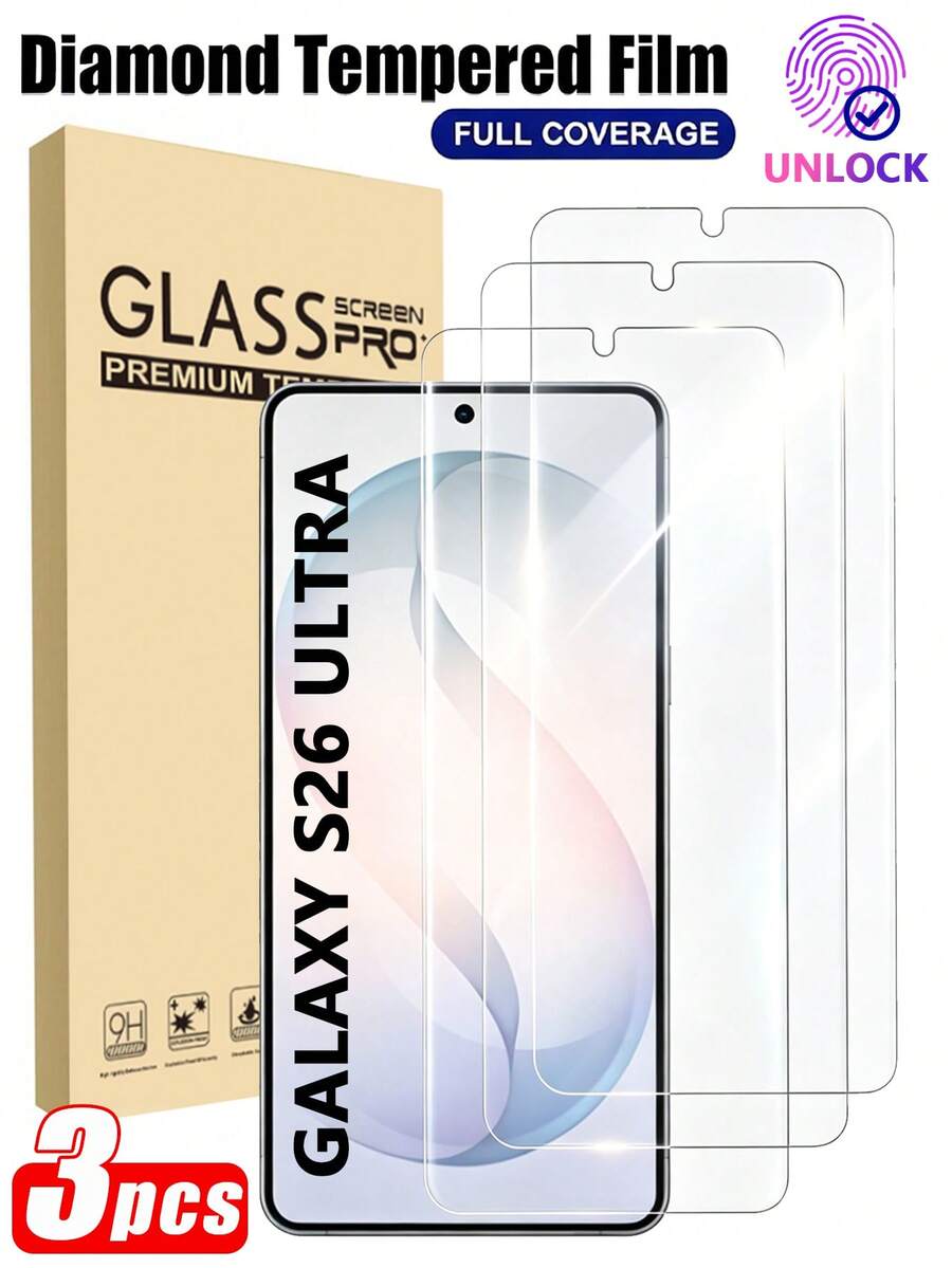 Protector de ecran pentru telefon Android, rezistent la șocuri, 3 buc., sticlă securizată, deblocare amprentă, anti-zgârieturi, fără bule, ultra-potrivită - compatibilă cu Samsung Galaxy S26 Ultra/Galaxy S21/S21 Plus/S22/S22 Plus/S23/S23 Plus/S24/S24 Plus/S24 Ultra/S25/S25 Plus/S25 Ultra/S26 Ultra/S26 Plus, ușor de instalat, sensibilă la atingere, fără bule, imagine mai clară după instalare, rezistentă la spargere, impermeabilă, compatibilă cu diverse huse de telefon, cadou de Ziua Mamei Plus.