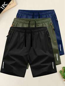 Shorts masculinos essenciais, leves e de secagem rápida (1 peça) | Roupa íntima casual de verão para esportes, corrida e fitness, com cós elástico com cordão e bolsos com zíper. - Preto - Ver 1