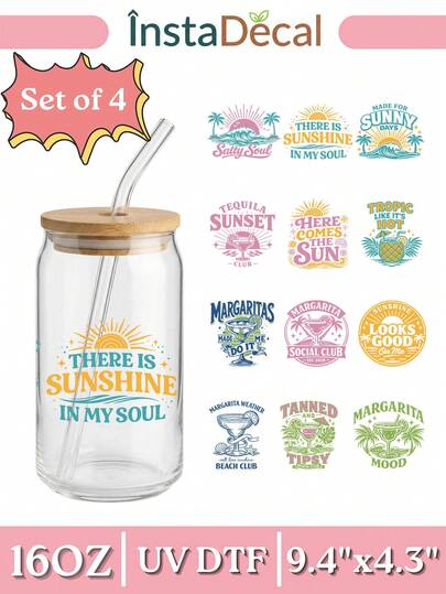4pcs/Set Sunshine In My Soul UV DTF Wrap, Margarita Social Club Tequila Sunset, 16oz Glass Cup Decal, Tropical Cocktail Lover Gift No Heat Needed