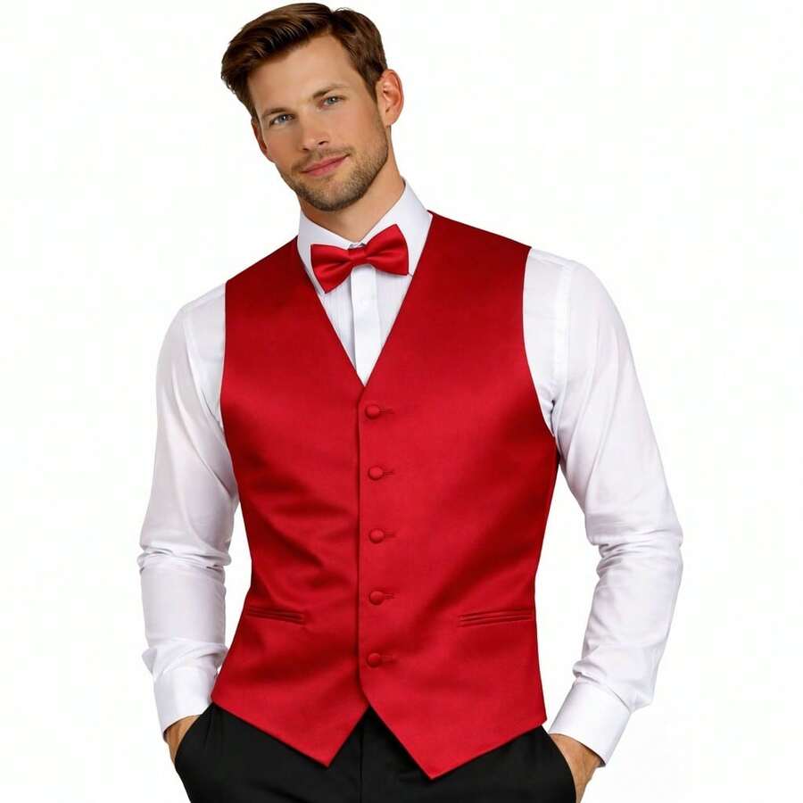 Sizes XS To 6XL Men's 3-Piece Tuxedo Vest Set – Satin Waistcoat With Bow Tie And Pocket Square For Wedding, Prom, Formal Events - Red - View 1