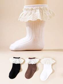 3 Pairs Kids Ribbed Socks, Baby Lace Ruffle Trim Socks, Toddler Girls Short Socks, Suitable For Skirts - Multicolor - View 12