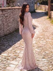 Faeriesty Vestido de sirena con mangas de farol y lentejuelas elegante para mujer, vestido de noche formal de manga larga y grácil para invitada de boda, ceremonia de graduación, fiesta de cóctel, vacaciones de verano en color rosa - Rosa - Ver 2