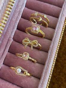 5pcs Elegant, Delicate, Gentle Geometric Bow, Star, Moon Faux Pearl Zirconia Inlaid Copper Ring Set, Unique Niche High-End, Suitable For Daily Commute, Events, Parties, Holidays, Fashion Gift - Vàng - Xem 10