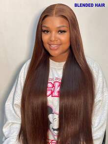 34英寸 #4 棕色直发蕾丝前假发，混合真人发丝，13X4升级高清蕾丝前假发，直发蕾丝前假发，真人发丝，无需胶水，即戴即走，预先拔毛。 - 棕色 - 查看 1