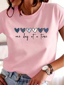 Simple Straight Tee Six Gradient Blue Grey Hearts Gentle Handwritten Text Print, Silky Skin Friendly Top For Relaxed Daily Wear - 粉色 - 查看 14