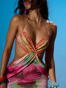 Halterneck Ruched Bust Drape Over Waist Tie Back Detail Fitted Mesh Mini Dress Summer Sexy Going Out Beach Holiday Ibiza Club Tropical Fever - Multicolor - View 6