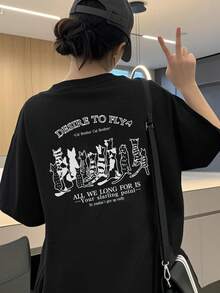 女士时尚宽松休闲字母卡通猫印花短袖T恤，夏季黑色 - 黑色 - 查看 3