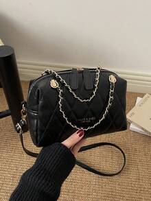 2026年春季新款韩版时尚手提包，小号托特包，女士菱形链条单肩斜挎方包 - 黑色 - 查看 2