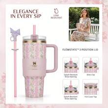 Stanley X LoveShackFancy 40 Oz Blooming Heirloom Quencher Tumbler With Handle & Straw – Stainless Steel Insulated Travel Cup - Hồng - Xem 4