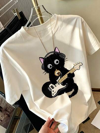 1pc Tween Girl Printed Short Sleeve T-Shirt, Student Youth Clothing, Summer Gift For Kids