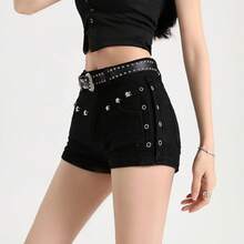 Summer Y2k Sexy Low Waist Mini Denim Shorts Women Vintage Korean Popular Girls Slight Strech Streetwear Gothic Rivet Black Jeans - 黑色 - 查看 2