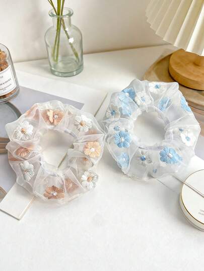2pcs Women's Mesh Embroidered Scrunchies, Sweet Cute Girl Embroidered Mesh Flower Hair Scrunchies, Hair Accessories That Won't Damage Hair