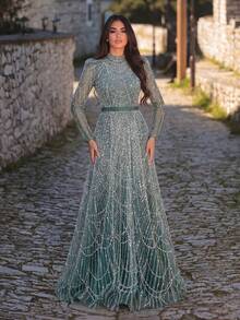 Faeriesty Đầm dạ hội dài thanh lịch dành cho nữ, cổ đứng, tay phồng dài, được trang trí bằng hạt cườm và kim sa, chân váy xòe, đầm dự tiệc cưới duyên dáng - Màu xanh lá cây đậm - Xem 3
