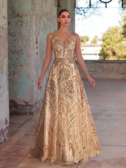 Faeriesty Vestido largo con escote profundo en V sin mangas con lentejuelas. Diseño brillante para bodas de primavera, fiestas de jardín, galas y eventos formales. Elegante