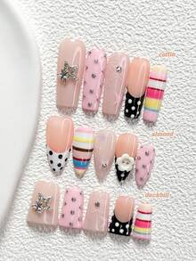 10Pcs Sweet And Edgy Style Handmade Nail Art Set,Unghie Press On,Buttons, Stars,Stripes, Polka Dots, Black, Blue,Yellow And Red Nail Polish,Includes Nail Tools,3 Sizes Available,Almond Nails , Duck Nails,Coffin Nails For Party, Dance, Daily Wear - 彩色 - 查看 1