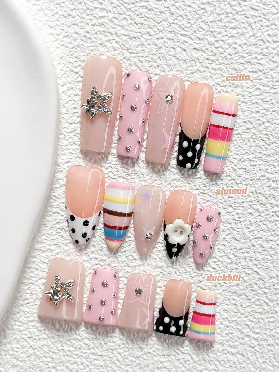 10Pcs Sweet And Edgy Style Handmade Nail Art Set,Unghie Press On,Buttons, Stars,Stripes, Polka Dots, Black, Blue,Yellow And Red Nail Polish,Includes Nail Tools,3 Sizes Available,Almond Nails , Duck Nails,Coffin Nails For Party, Dance, Daily Wear - 彩色 - 查看 1