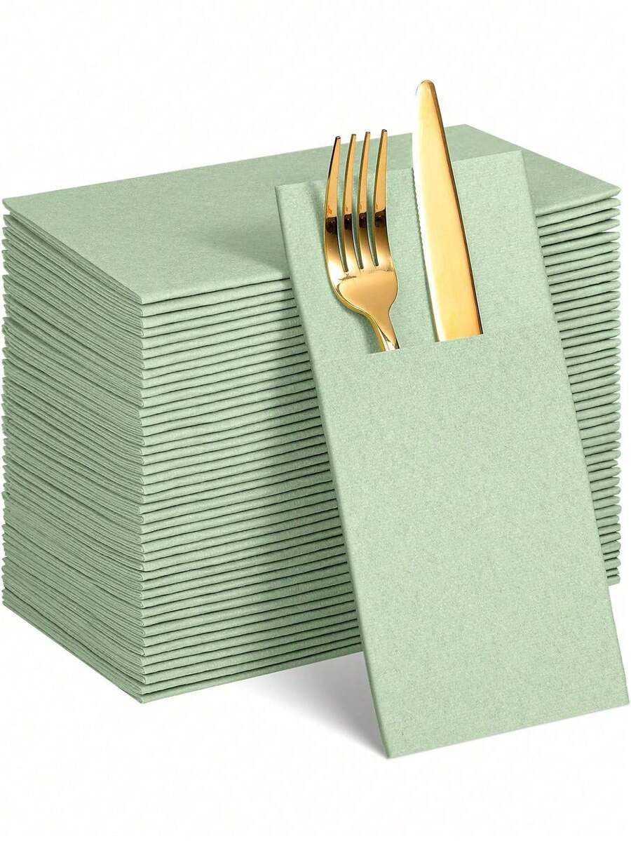 10/20张灰绿色亚麻质感餐巾，带餐具袋，预折叠散装餐巾，适用于餐桌、复活节、婚礼、婴儿派对、生日、新娘派对等场合。 - 綠色 - 查看 1