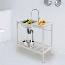 SENDERPICK Kitchen Single Bowl Sink Free Standing Sink Sink With Operation Countertop And Bottom Shelf - Silver - View 8