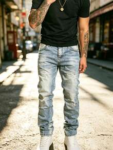 Men's High Stretch Straight Leg Casual Washed Distressed Minimalist Retro Jeans - Blue - View 3