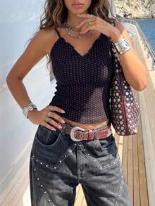 Áo hai dây nữ in hình trái tim lãng mạn, áo croptop hai dây viền ren, vạt áo thông thường, phong cách Y2K mùa hè. - màu đen - Xem 5