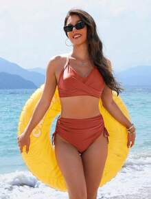 Women's High Waisted Bikini Sets, Crisscross Tie Back Drawstring Tummy Control Two Piece Swimsuits Bathing Suit - Brick Red - 查看 4