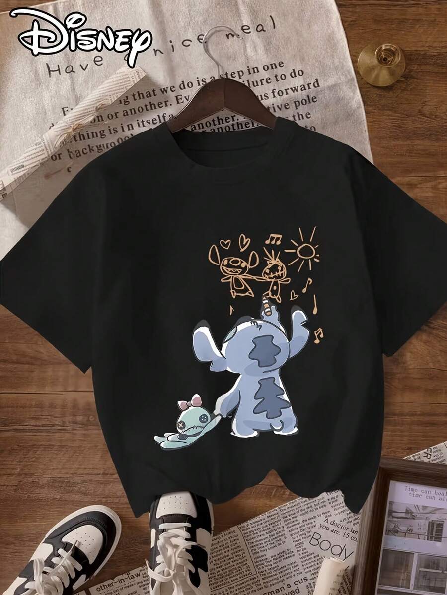 Disney License T Shirts, Disney Lilo & Stitch Stitch And Scrump Hand Drawn Doodle Cartoon Print Women's Crew Neck Casual Short Sleeve T-Shirt, Aesthetic Kawaii Graphic Tee, Regular Fit Summer Daily Tops, Streetwear For Teen Girls, Leisure Vacation Disney Theme Park Wear, Cute Art Tshirt ,Camiseta, Summer Outfits For Women, Summer Clothes, Summer Tops, Tops For Women, Festival Outfits, Summer Tops For Women, Mother's Day, Mother's Day Clothing, Gifts For Family And Friends, Spring Outfits For Women, Officially Licensed Disney T-Shirts, Disney Men's And Women's Spring/Summer Fashion Casual Short-Sleeve T-Shirts - màu đen - Xem 1