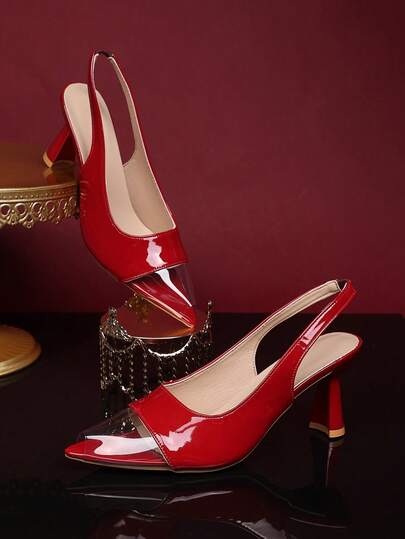 1 par de tacones altos para mujer de talla grande, material de piel patentada brillante + PU transparente suave, punta puntiaguda y abierta, tacón fino, diseño de slip-on elástico, estilo de princesa con cuña, adecuado para uso casual, vacaciones, trabajo, fiesta, uso diario, nueva llegada para primavera/verano