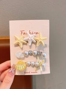 3pcs Girls' Colorful Sweet Fresh Spring Starfish, Pearl, Shell Hair Clips, Vacation Style Bangs Clips - Multicolor - View 12