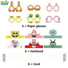 SpongeBob SquarePants Set de 12 piezas/6 piezas de accesorios de fotografía para fiesta de Bob Esponja, sombreros y gafas de papel, accesorios de ojos con temática de dibujos animados lindos y divertidos, personajes de dibujos animados adorables de Bob Esponja - Multicolor - Ver 8