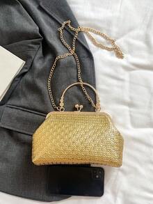 新款时尚晚礼服及手拿包套装，优雅大容量女士晚宴包，配链条肩带 - 金色 - 查看 8