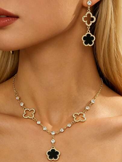 1 Set Fashion Jewelry Set, Includes Elegant Minimalist Earrings + Classic Lucky Four-Leaf Clover Necklace For Women