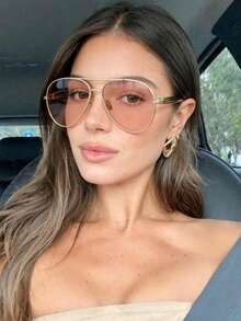 1pc Large Frame Toad Shaped Fashion Glasses, Fashionable Street Style Casual Versatile Fashion Glasses - Gold Frame Champagne Slice - View 1