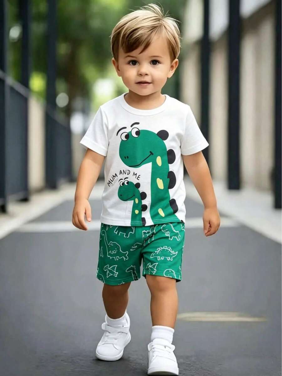 Bộ 2 món áo thun cổ tròn in hình khủng long cho bé trai, gồm áo thun và quần short, thích hợp mặc đi học và nghỉ hè, độ tuổi 4-7. - trắng - Xem 1
