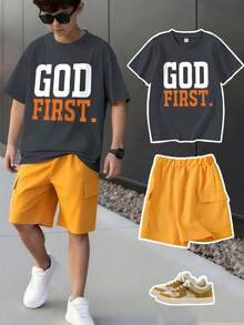 2pcs/Set Slogan Graphic Tee And Khaki Shorts Set For Teenage Boys, Soft & Comfortable Fabric, Suitable For Back To School And Daily Wear In Summer - Dark Grey - View 10