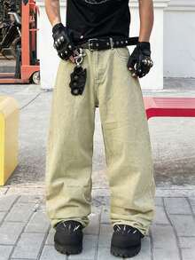 1件美式街头时尚刺绣口袋阔腿牛仔裤，宽松舒适休闲男士牛仔裤（产品不含腰带和配饰） - 黃色 - 查看 8
