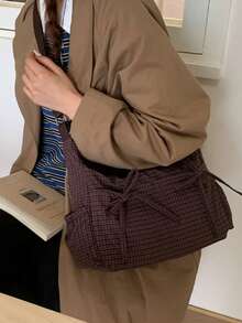 Bolso de hombro para mujer, estilo coreano y japonés, informal y versátil, con lazo, multibolsillos, plegable, correa ajustable, ideal para uso diario, escuela/universidad, sencillo y bonito, plisado, multibolsillos, bolsillo frontal con cordón, estilo Old Money. - Multicolor - Ver 2