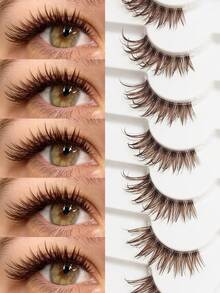 Asiteo 7 Pairs Transparent Stem Natural Fluffy Half Wet Brown False Eyelashes, Soft & Natural Looking Fake Lashes, Create Cat Eye Makeup Effect, Comfortable Wear, Suitable For Daily Makeup, Create Natural Beautiful Lash Extension Makeup - 棕色 - 查看 2