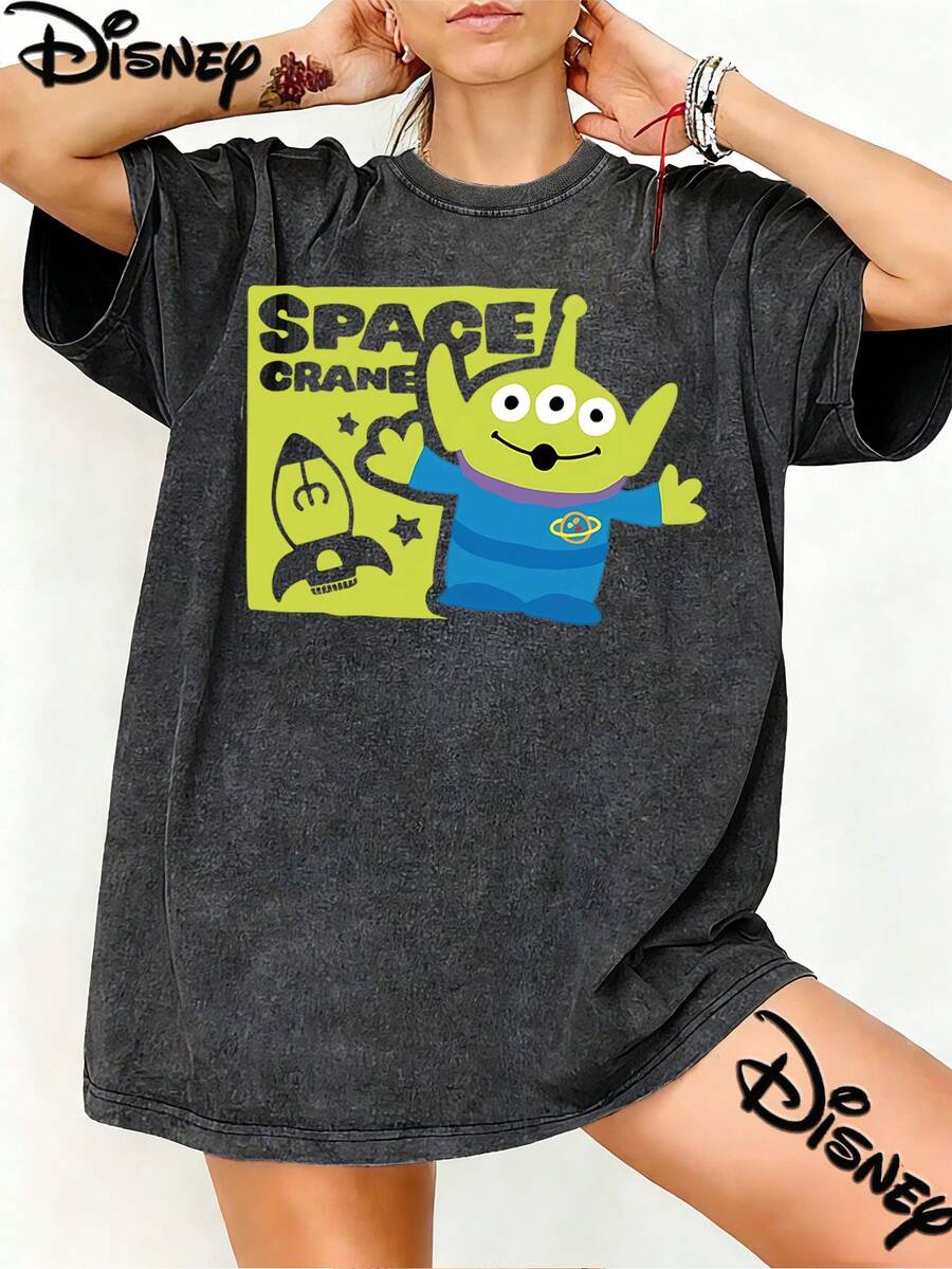 Disney Toy Story Alien Character Spa Crane Words Rocket Star Element Space Theme Printing Design Sense Oversized Fashion Old T-Shirts, Street Style. - Black - View 1