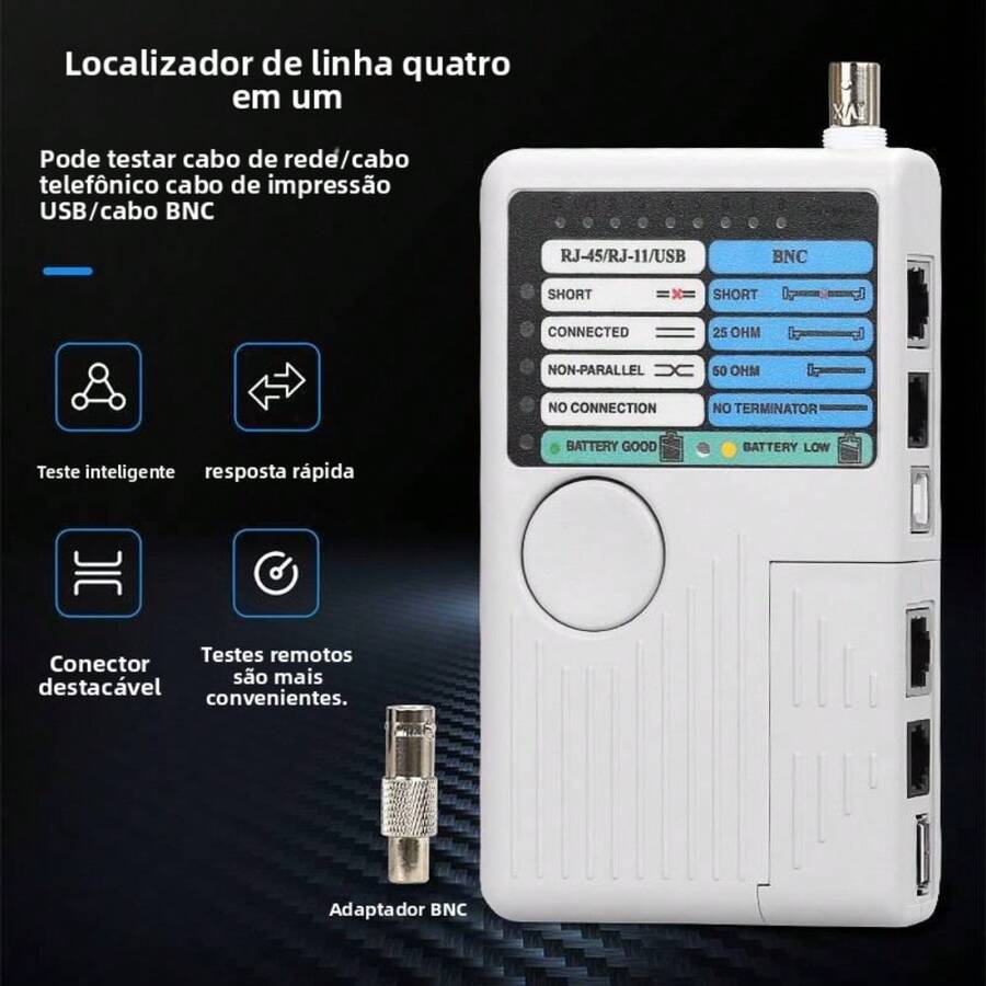 Testador de Cabos  USB, BNC, RJ11, RJ45, Rede - Preto - Visão 1